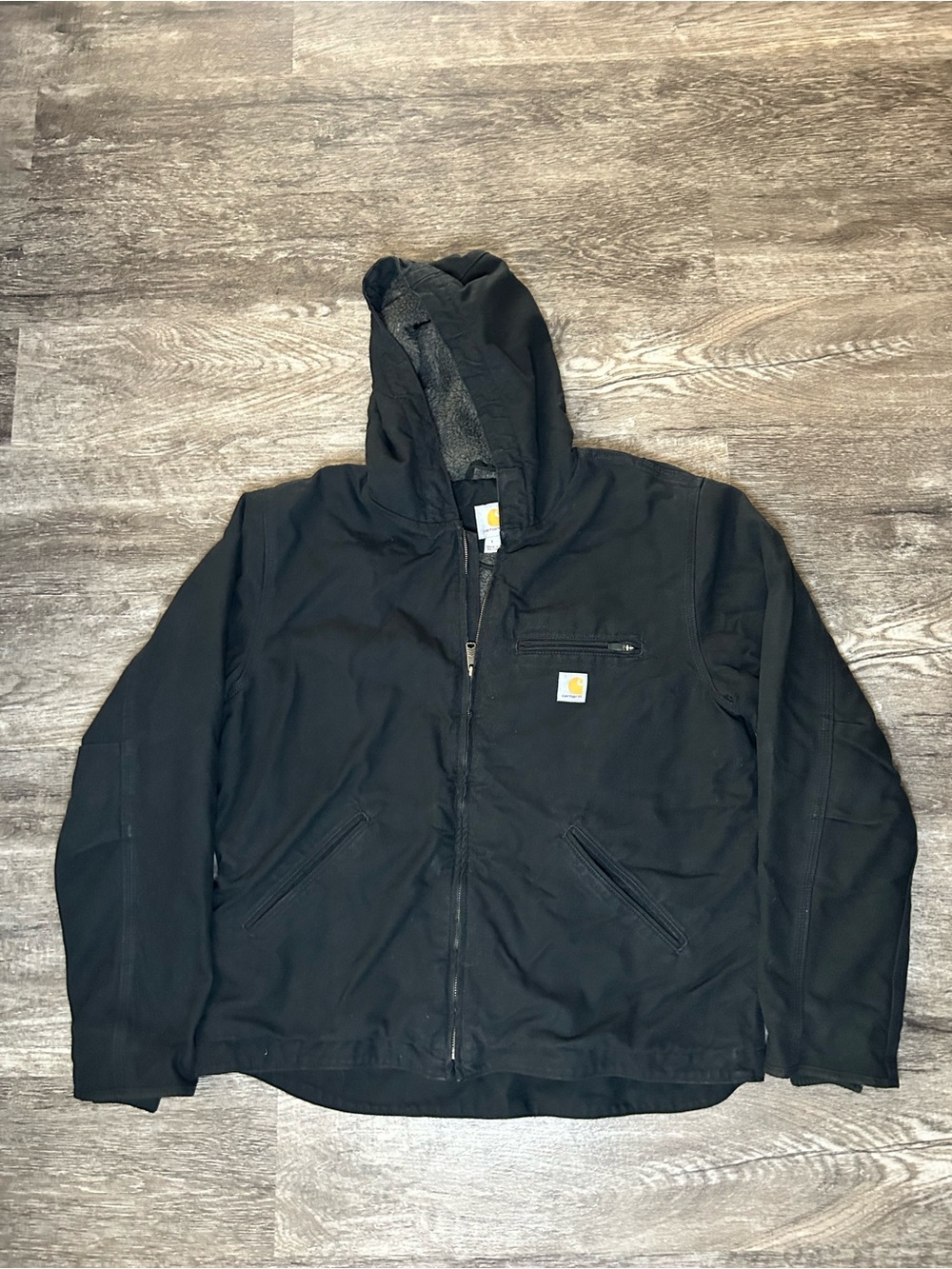 Carhartt Men’s Large Black Hooded Work Jacket Sherpa Fleece Lined Full Zip